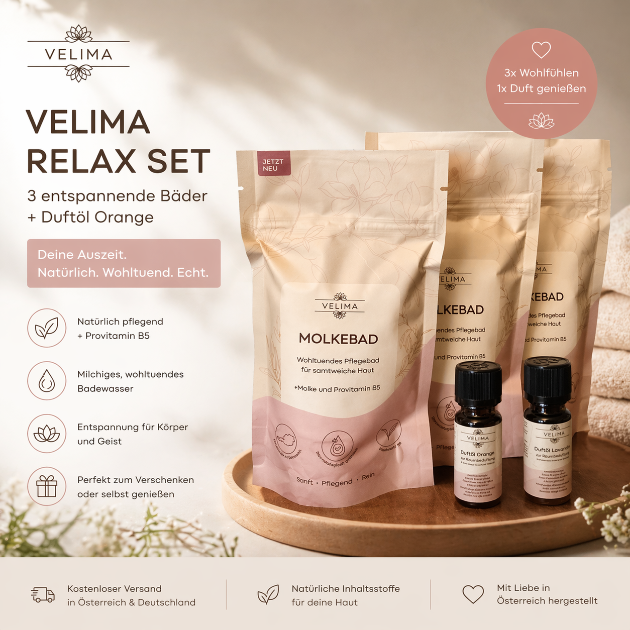 Velima Relax Set – 3x Molkebad + Duftöl Orange