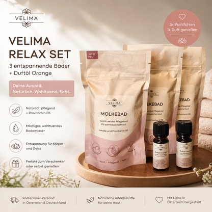 Velima Relax Set – 3x Molkebad + Duftöl Orange