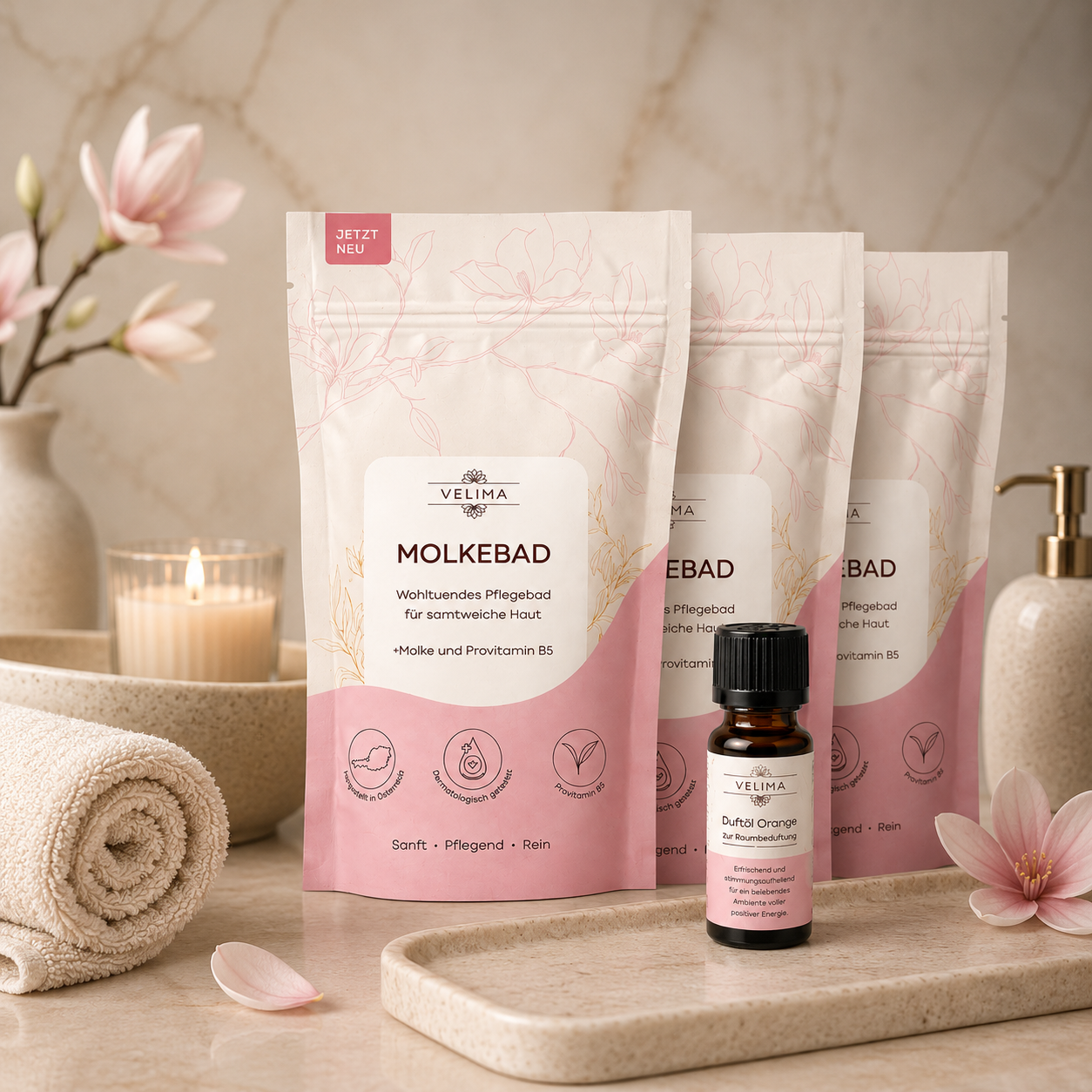 Velima Relax Set – 3x Molkebad + Duftöl Orange